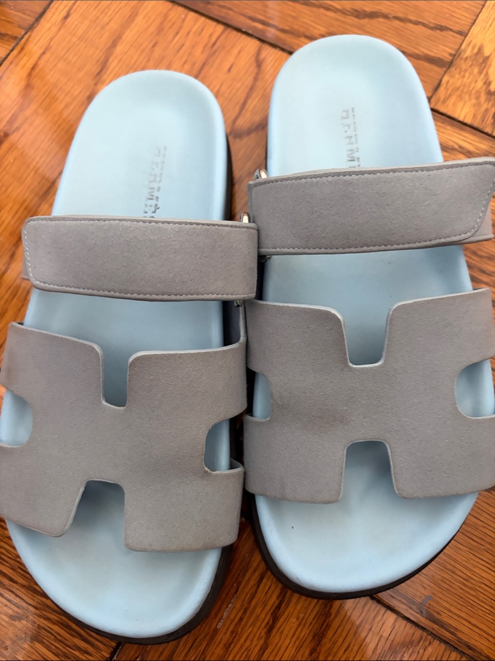 Hermes Light Blue and Gray Suede Slide Sandals - Picture 4 of 5